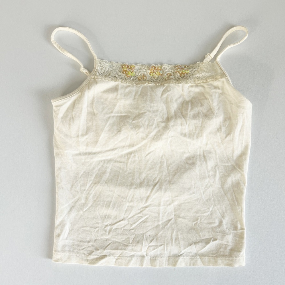 High Sierra Womens Lace Sequin Trim Y2K Coquette Shelf Bra Cami Top Cream Size M